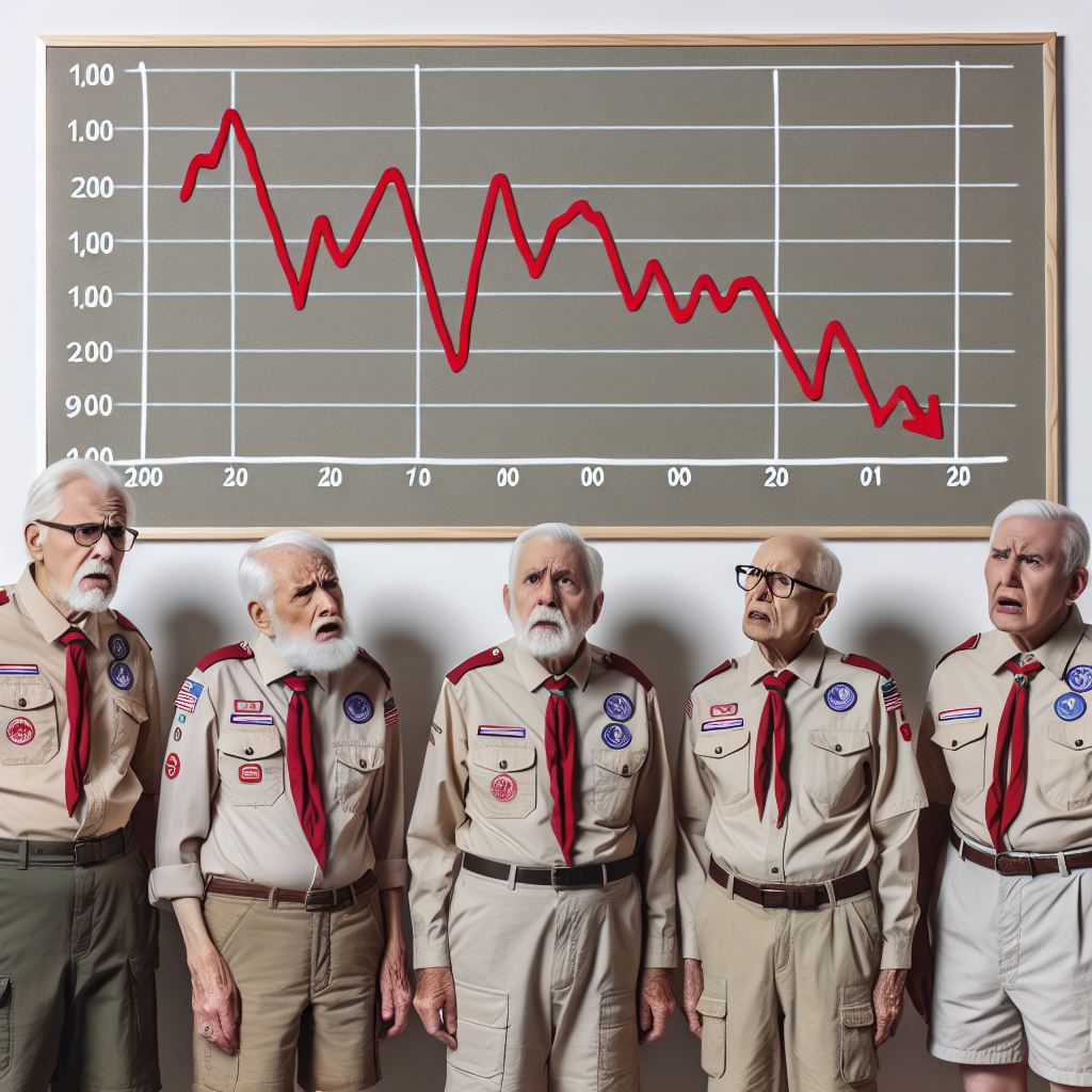 confused, old men in Scout uniforms, with a plummeting line chart in the background